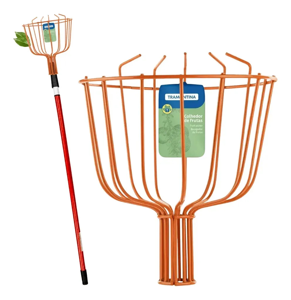 Colhedor De Frutas Tramontina Gancho 15cm Com Vara Apanhar Manga Goiaba Cabo Extensor Prolongador 2 Metros - Cor Laranja