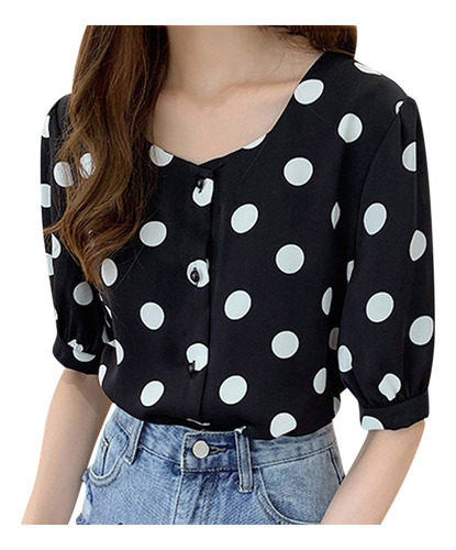Top Casual De Manga Corta Con Lunares Para Mujer, Informal,