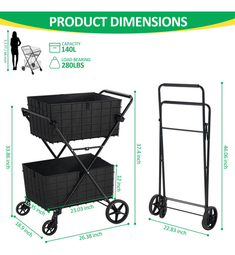 Carrito De Compras 2 Niveles Plegable Con Ruedas 360 Grados