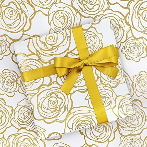 Papel Para Envolver Regalos, Patrón De Rosas Doradas En Pape
