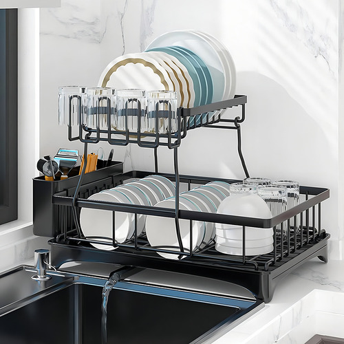 Escurridor De Platos Inoxidable Con Drenaje Automatico 360° Negro