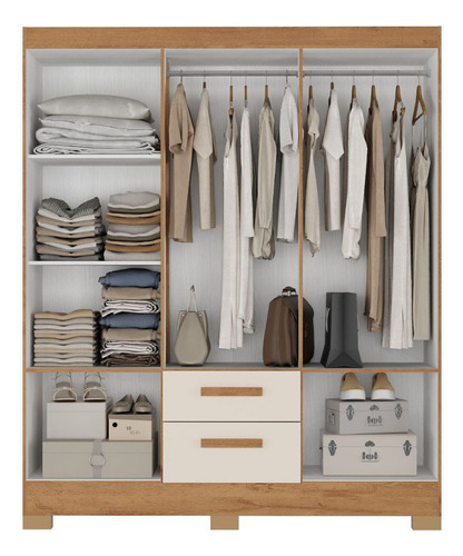 Guarda Roupa Casal Com Espelho 6 Portas Fortaleza Atualle Cor Canelato Rustico Com Off White