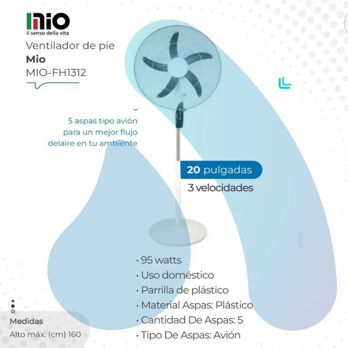 Imagen 2 de 10 de Ventilador De Pie 20 Mio 3 Velocidades Oscilante 1.6m 95w