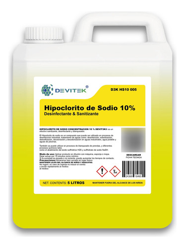 Hipoclorito De Sodio 10% Formato Bidon 5 Litros