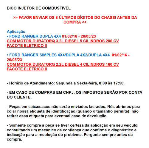 Bico Injetor Combustivel Orig Ranger 2.2 3.2 Diesel 2016/23
