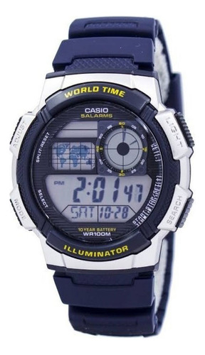 Reloj pulsera digital Casio AE-1000 con correa de resina color azul - fondo negro