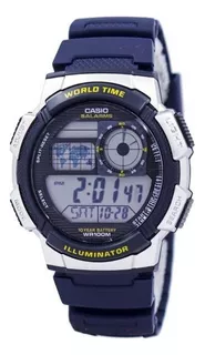 Reloj pulsera Casio Youth Series AE-1000 de cuerpo color plateado, digital, para hombre, fondo negro, con correa de resina color azul, dial negro, subesferas color gris, minutero/segundero negro, bise