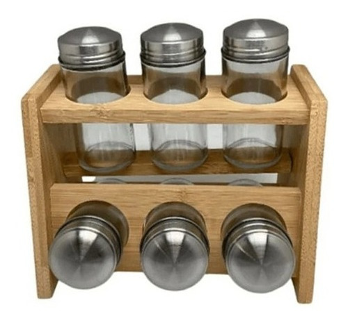 Rack Especiero Bamboo Wayu Set 6 Frascos Vidrio Cocina Color Transparente