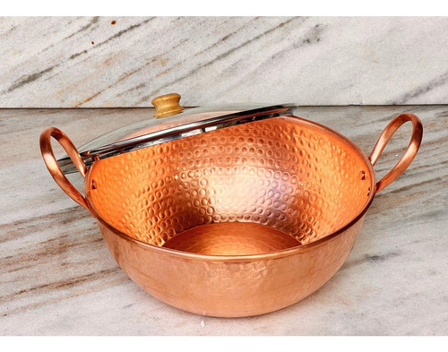 Tacho De Cobre 7 Litros Com Alças De Cobre E Tampa De Vidro