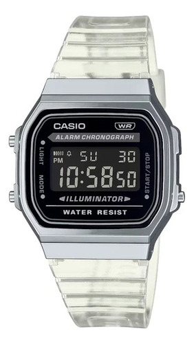 Reloj Casio Vintage Unisex Digital A168xes-1bdf Correa Transparente Bisel Plateado Fondo Negro