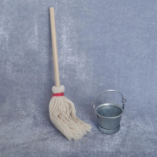 2 Tiny Mop And Bucket Set 1:12 Dollhouse Accessories Party