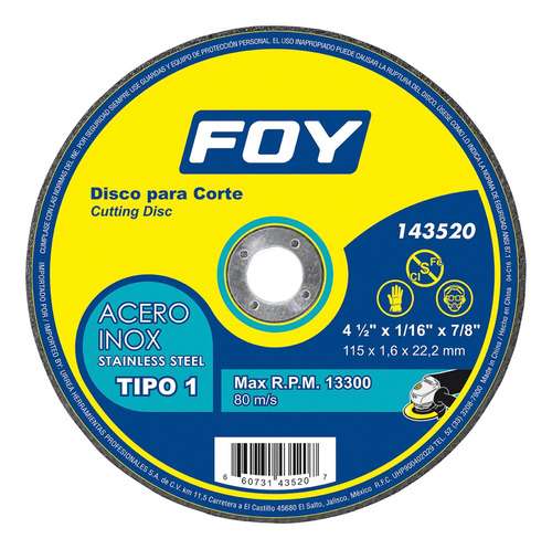 Disco Para Corte De Acero Inoxidable 4.1/2 X1/16  Foy 143520