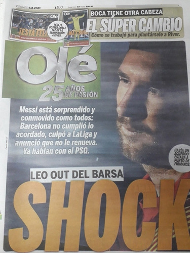 Diario Ole 6 Agosto 2021 Messi Barcelona + Póster Doble Boca
