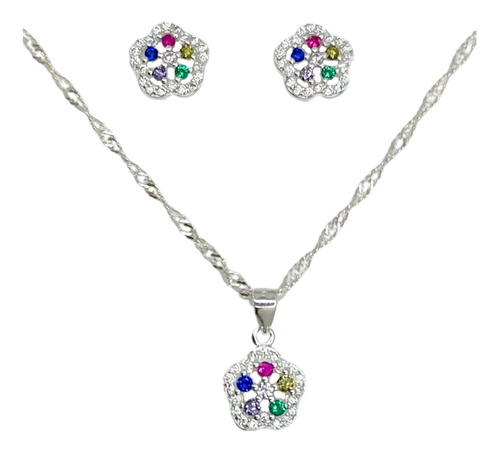 Conjunto Collar Dije Aros Flor Juvenil Plata Fina 925 +caja 