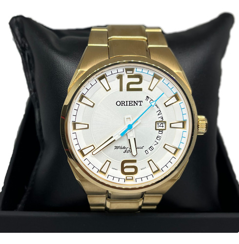 Relógio Masculino Orient Analógico Dourado Aço Fundo Branco