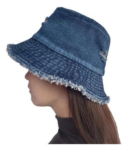 Sombrero Cubo Jean Frayed Ripped Denim Mujeres Vintage Gilrs