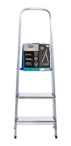 Imagen 2 de 10 de Escalera De Aluminio Tijera 3 Escalones Mor Plegable 5101 Base Antideslizante, Traba De Seguridad. Ultimo Escalon Como Plataforma Y Soporte De Aluminio Para Sujetarse