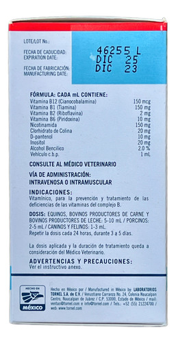 Complejo B Super Tornel Vitaminas Bovinos Perros Gatos 100ml