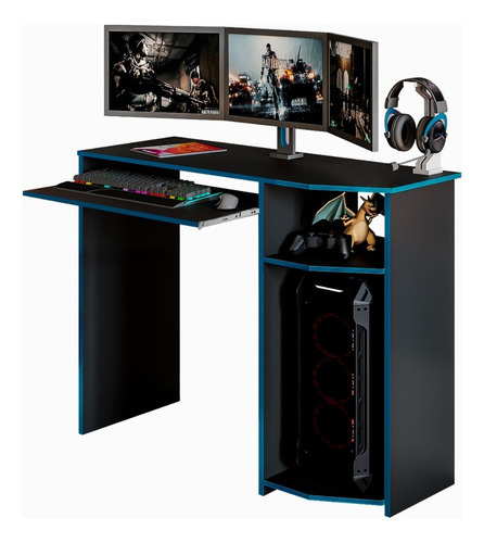 Mesa Escrivaninha Gamer Em Madeira Para Computador Notbook Azul
