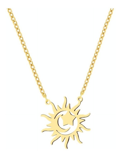 Collar Luna Sol Brillante Joya Plata Enchapada Oro 18k 