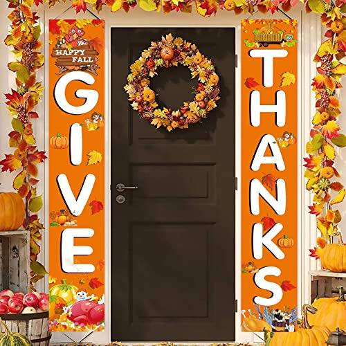 Give Thanks Hanging Banner Porch Sign Autumn Pumpkin Ma...