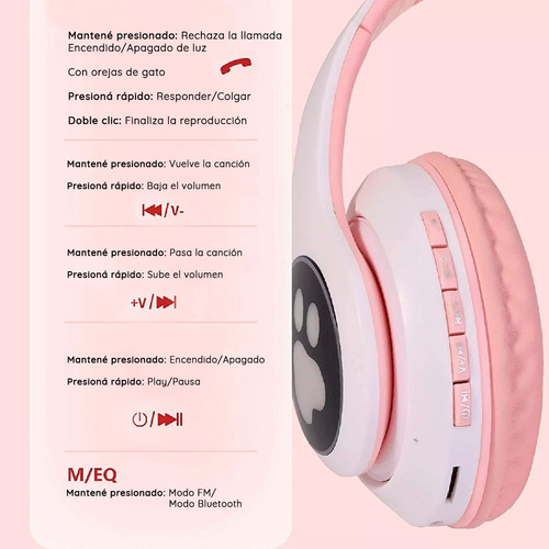 Imagen 7 de 9 de Auriculares Headset Bluetooth Oreja Luz Led Gato Micrófono