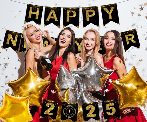 Banner Kalor Happy New Year 2025 Black Gold Decoration
