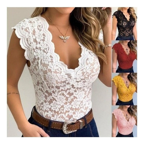 Body Sin Mangas Sexy Con Cuello En V Para Mujer Encaje Solid
