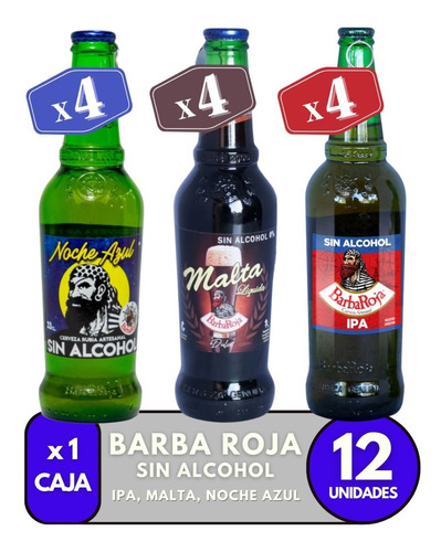 Imagen 1 de 10 de Cerveza Barba Roja Sin Alcohol Malta + Ipa + Noche Azul X 12