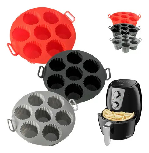 Forma Silicone Air Fryer Cesto Fritadeira Redonda Cavidades Antiaderente Cupcakes 7 Mini Bolos Muffin