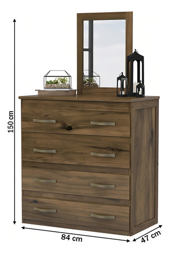 Cómoda Lisboa de 4 cajones con espejo de madera maciza, color marrón claro