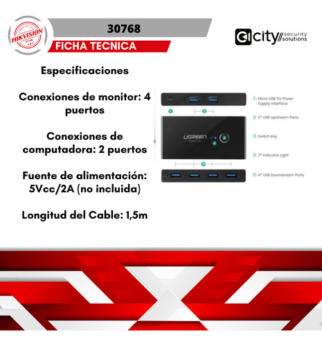 Hub Para Compartir 4 Puertos Usb 3.0 A 2 Pc S / 30768