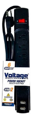 Regleta Protector Voltaje 6 Tomas 2 Usb Negra Supresor Picos