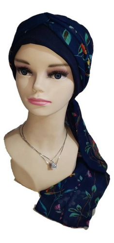 Turbante Gorro Mujer Elegante Oncológico, Algodón Y Mascada Color Azul Marino Est 2