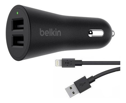 Cargador Carro Belkin 24w / 2 Puertos Usb + Cable Lightning Color Negro