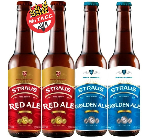 Pack 4 Cervezas Suaves Sin Tacc Straus Red + Golden Botella