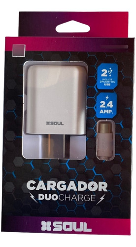 Cargador Duo Charge 2.4 A Usb X 2 + Cable Tipo C