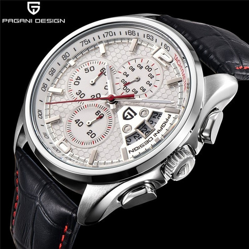 Relógio Pagani Design Branco E Vermelho Pulseira Couro Preto