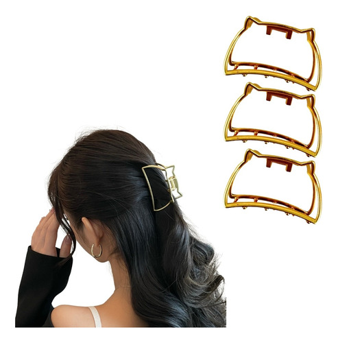 3 Pinzas Para Todo Tipo Cabello Orejas Gatito Moda Dama Niña Dorado