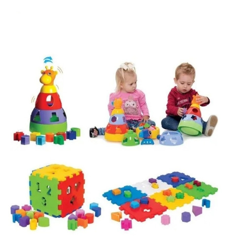 Imagem 1 de 10 de Kit 2 Brinquedos Cubo Educativo Dático Encaixe Bebe Infantil