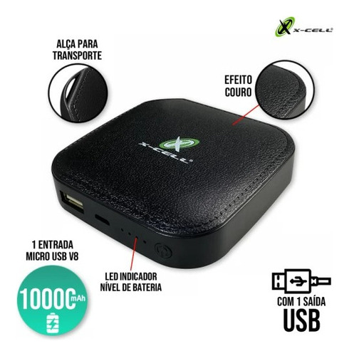 Carregador Portátil 10.000 mAh X-Cell Bateria Powerbank Cor Preto