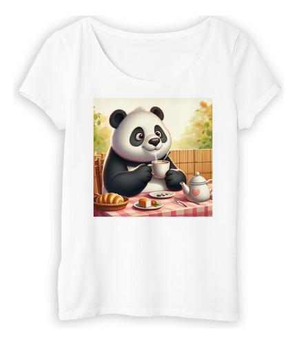 Remera Mujer Panda Cafe Desayunando En La Mesa Coffee