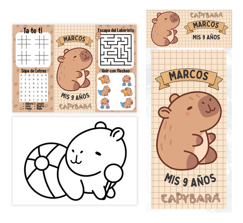 Tríptico Interactivo Para Colorear Souvenir Cumpleaños X10 Capibara Marron