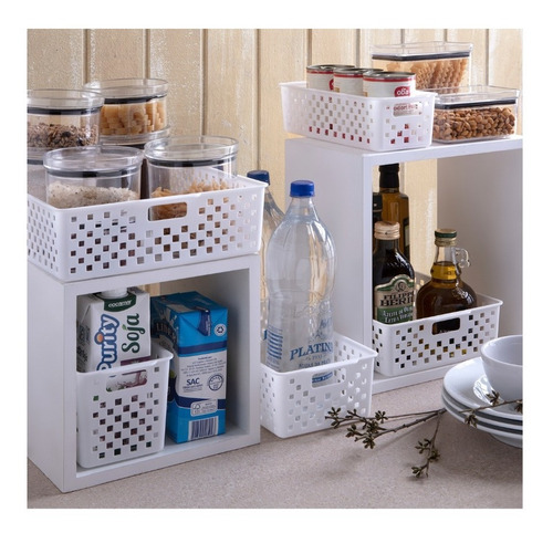 Kit De 6 Cestos Vazados Quadratta Branco 889 34x27x9cm
