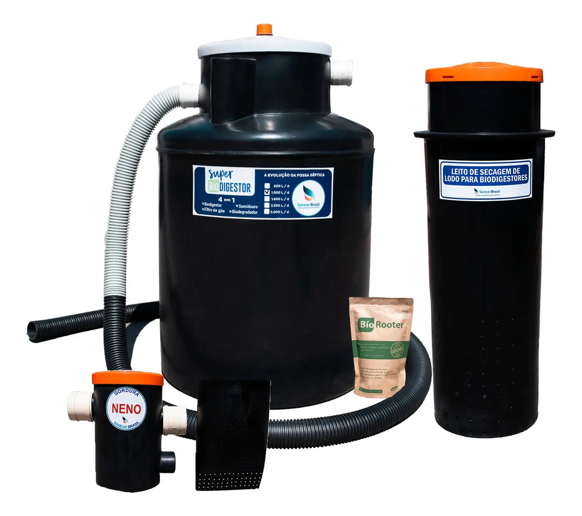 Kit Fossa Biodigestor 1000lts Vala Sumidouro Leito Secagem e Caixa De Gordura Sanear Brasil
