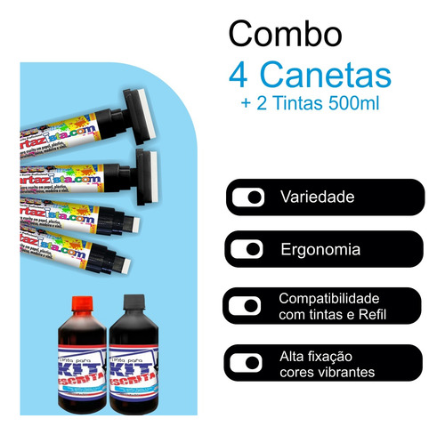 Super Combo Canetão Duplo + 2 Tintas Não Metiq 500ml Kit Esc