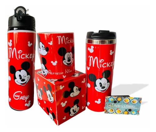 Termo + Taza + Cilindro Para Agua Mickey Mouse Personalizado Color Rojo