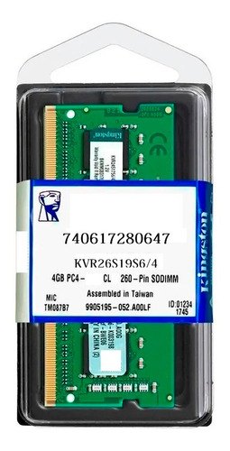 Imagen 2 de 3 de Memoria RAM ValueRAM color verde 4GB 1 Kingston KVR26S19S6/4