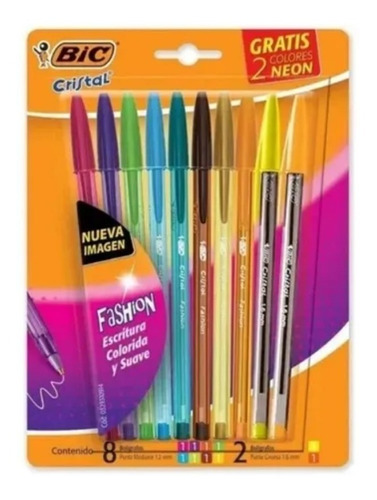 Boligrafos Bic Cristal Fashion Set X 8 Colores + 2 De Regalo