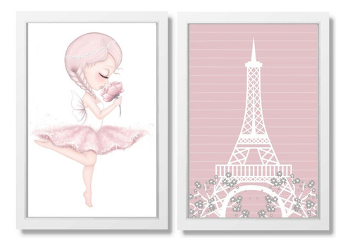 Kit 2 Quadros Decorativos - Paris E Bailarina
